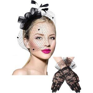 Fascinator Hat Feather Veil Lace Gloves for Women Elegant Tea Party & Formal Wea